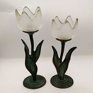 Vintage Pair of Brass & Frosted Glass Tulip Candlesticks